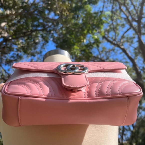 Gucci Pink Mini Marmont Purse Bag 446744 Logo Silver Hardware Leather Heart - Picture 6 of 17